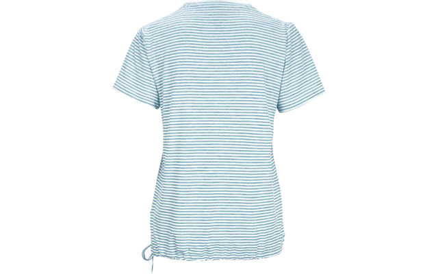 Rückenansicht eines kurzärmeligen T-Shirts mit dünnen horizontalen hellblau-weißen Streifen, Rundhalsausschnitt, Kordel am linken Saum