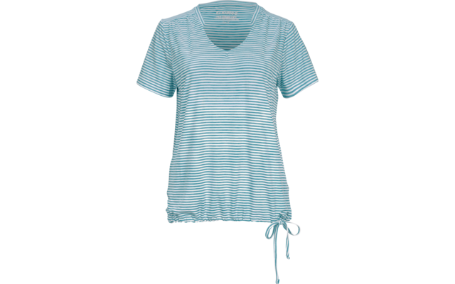 Kurzärmeliges V‑Shirt mit hellblau-weißen horizontalen Streifen, gerafftem Saum und Bindeband an der rechten Seite, auf weißem Hintergrund