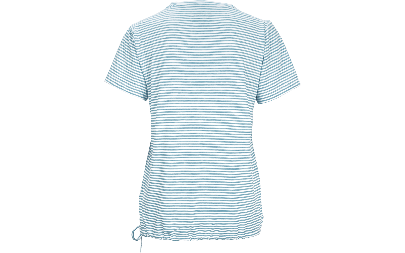 Rückenansicht eines kurzärmeligen T-Shirts mit dünnen horizontalen hellblau-weißen Streifen, Rundhalsausschnitt, Kordel am linken Saum