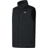 Zwarte mouwloze bodywarmer met opstaande kraag, volledige ritssluiting, borstzak met rits links, twee zijritszakken en klein rechthoekig borstlogo