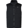 Zwarte mouwloze bodywarmer met opstaande kraag, volledige ritssluiting, borstzak met rits, twee zijzakken met rits en klein rechthoekig logo op de borst