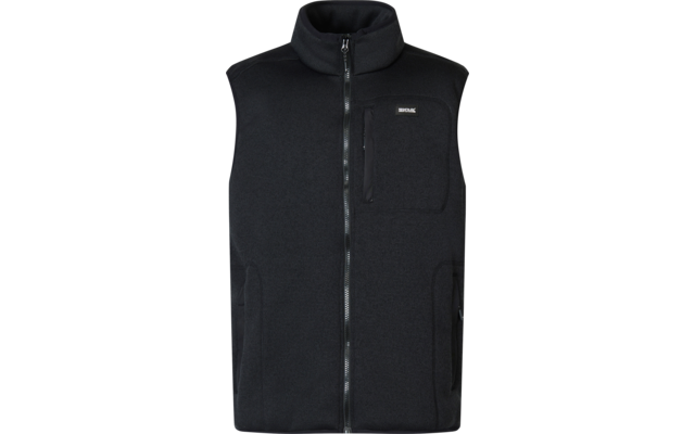 Zwarte mouwloze bodywarmer met opstaande kraag, volledige ritssluiting, borstzak met rits, twee zijzakken met rits en klein rechthoekig logo op de borst