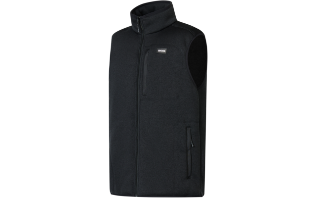 Zwarte mouwloze bodywarmer met opstaande kraag, volledige ritssluiting, borstzak met rits links, twee zijritszakken en klein rechthoekig borstlogo