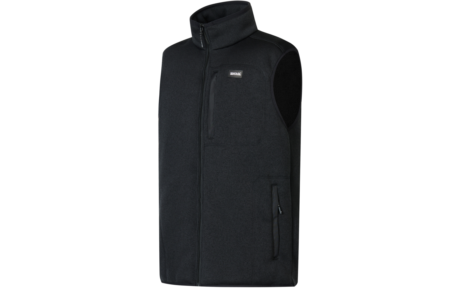 Zwarte mouwloze bodywarmer met opstaande kraag, volledige ritssluiting, borstzak met rits links, twee zijritszakken en klein rechthoekig borstlogo