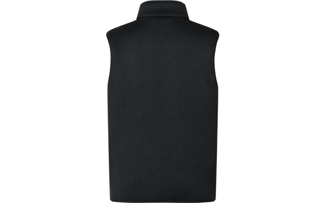 Zwarte mouwloze gilet, achterkant zichtbaar, met opstaande kraag