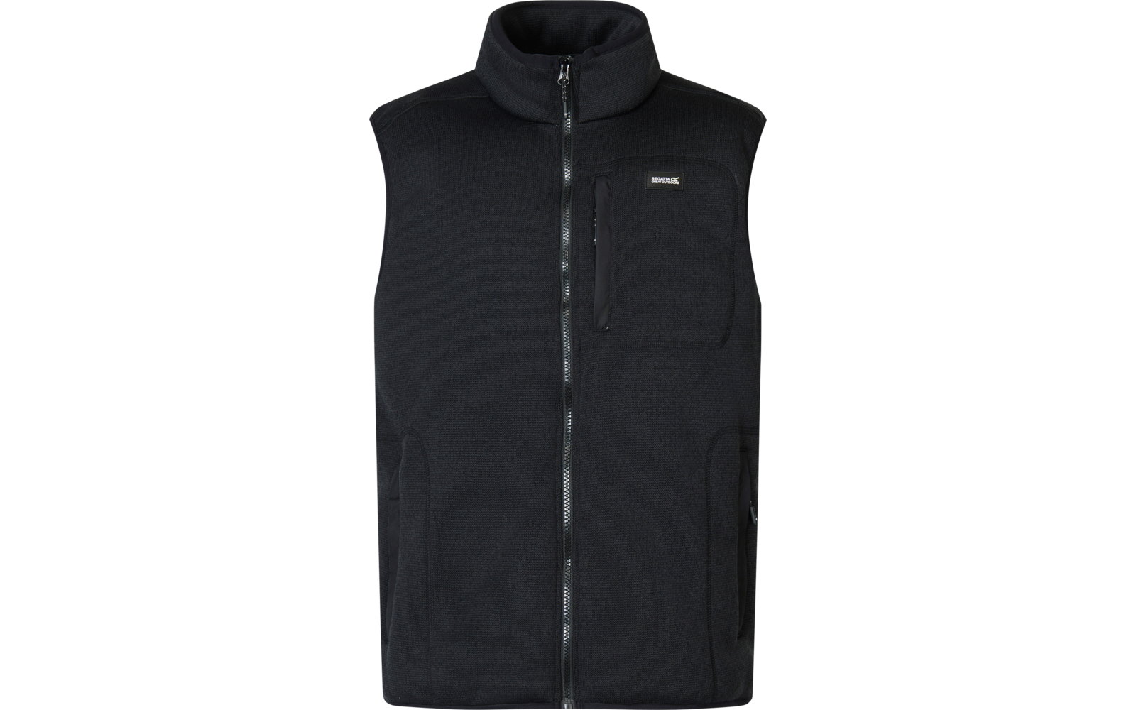 Zwarte mouwloze bodywarmer met opstaande kraag, volledige ritssluiting, borstzak met rits, twee zijzakken met rits en klein rechthoekig logo op de borst