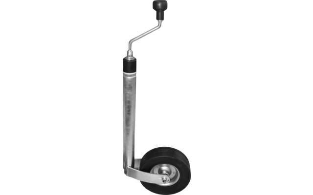Black and white image of a trailer jockey wheel with crank and wheel