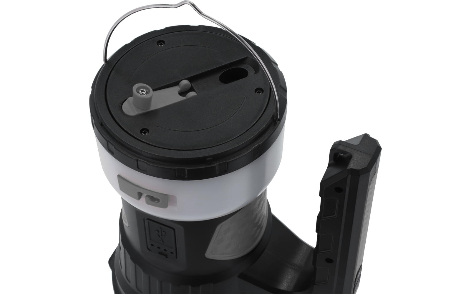 Weiß-schwarzes zylindrisches Gerät mit rundem schwarzem Deckel, Metallbügel oben, seitlichem Griff und sichtbarem USB-Anschluss