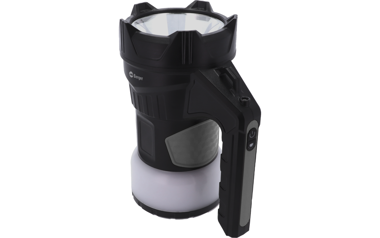 Schwarzes, zylindrisches Leuchtgerät mit seitlichem Griff, sichtbarem Knopf und rundem weißem Diffusor an der Unterseite