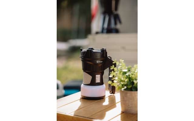 Black portable lantern on a wooden table, next to a small pot with green leaves, blurred background