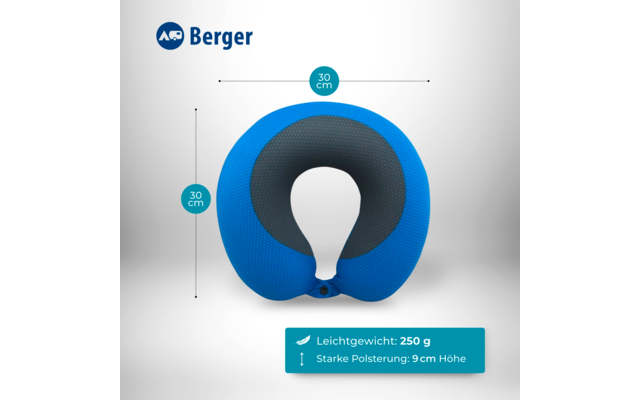 Blaues U‑förmiges Nackenkissen mit schwarzer Innenseite, Vorderseite mit Druckknopf, Maßangaben 30 cm × 30 cm, Logo 'AB Berger' oben links, blauer Infokasten mit 'Leichtgewicht: 250 g' und 'Starke Polsterung: 9 cm Höhe'