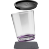Transparent glass with purple base, black lid and gray coaster, all with brand logo