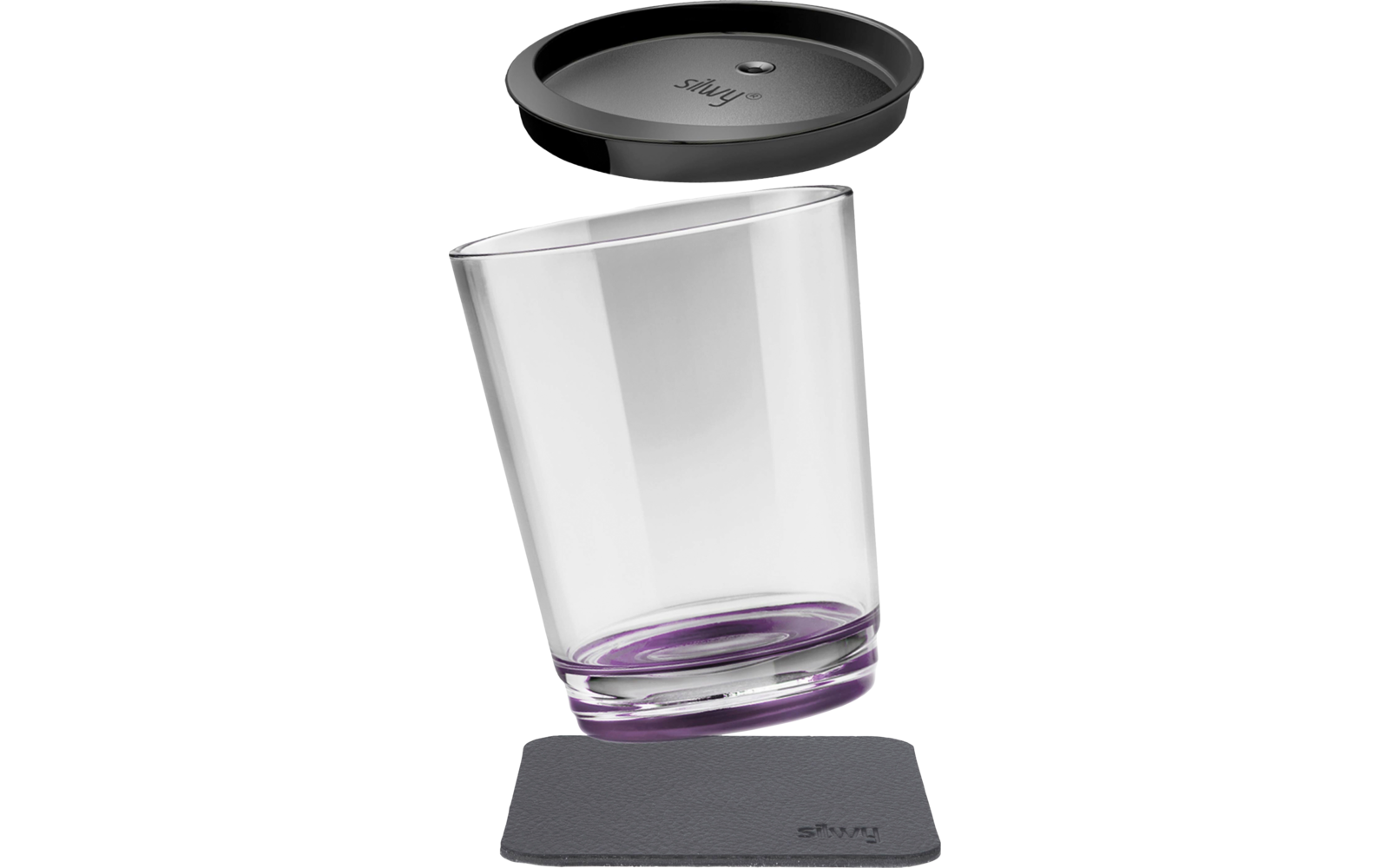 Transparent glass with purple base, black lid and gray coaster, all with brand logo