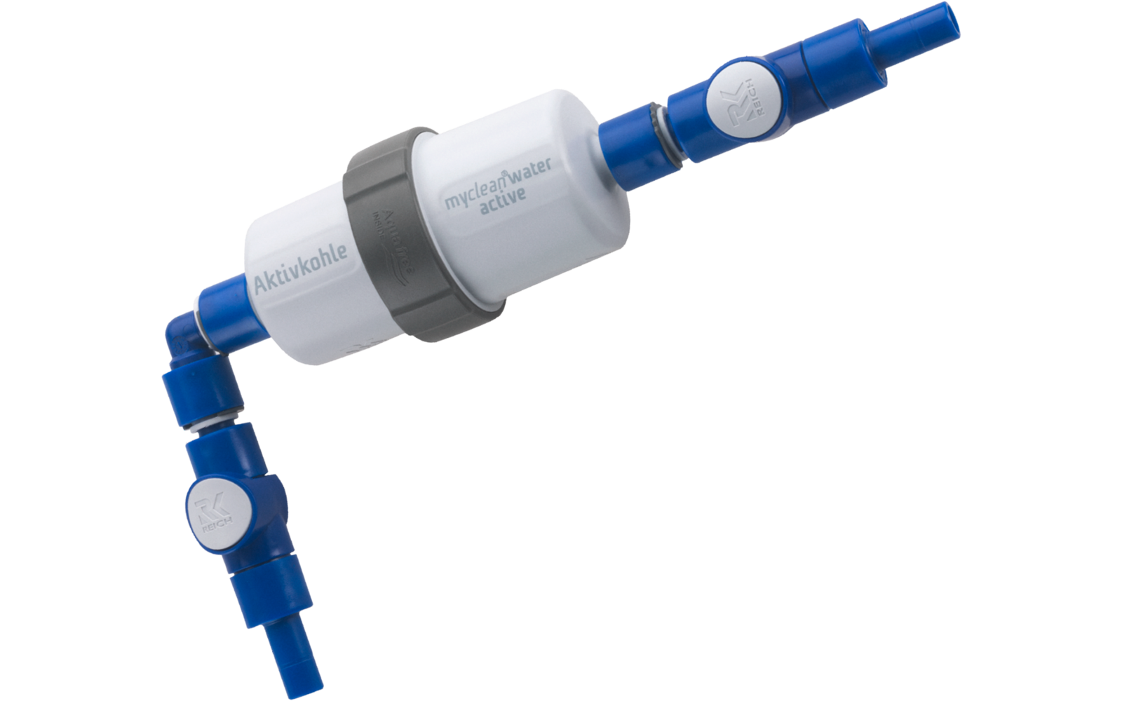 Blau-weißer Wasserfilter mit Rohren und Verbindungsstücken
