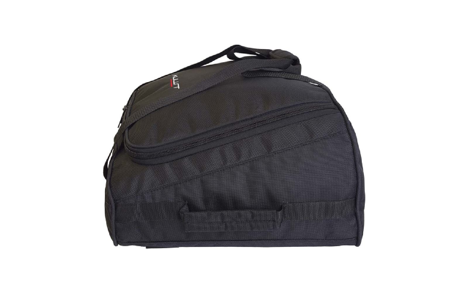 Sac de voyage noir en tissu avec fermetures éclair, poche frontale, poignée et sangle d'épaule ; petit logo rouge et blanc sur le dessus