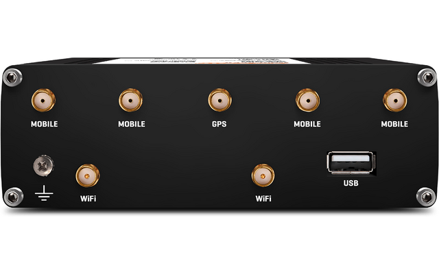 Schwarze Frontplatte mit fünf goldfarbenen Rundanschlüssen oben beschriftet 'MOBILE' und 'GPS', zwei goldfarbene Rundanschlüsse unten beschriftet 'WIFI', rechts ein USB-A-Anschluss, links ein Erdungssymbol neben einer Buchse
