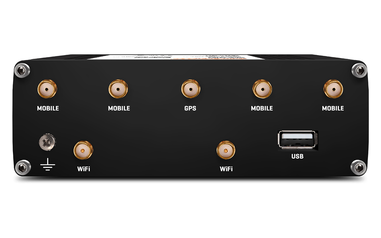 Schwarze Frontplatte mit fünf goldfarbenen Rundanschlüssen oben beschriftet 'MOBILE' und 'GPS', zwei goldfarbene Rundanschlüsse unten beschriftet 'WIFI', rechts ein USB-A-Anschluss, links ein Erdungssymbol neben einer Buchse