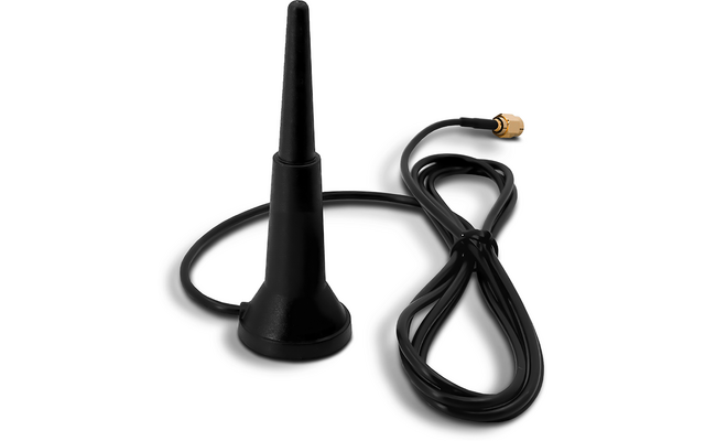 Schwarze senkrechte Antenne mit kegelförmiger Basis, aufgerolltem schwarzem Kabel und goldfarbenem Stecker auf weißem Hintergrund