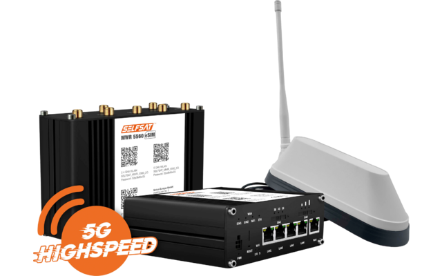 Zwei schwarze Router‑Gehäuse mit Kühlrippen, eines flach mit vier Ethernet‑Ports, eines aufrecht mit Aufkleber und QR‑Codes; weiße Außenantenne mit Stab; orange 5G‑HIGHSPEED‑Logo unten links