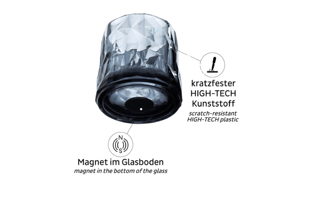 Kristallglas mit einem schwarzen Magnetdeckel, darauf geprägt der Schriftzug ‚Magnet mit Glasboden‘