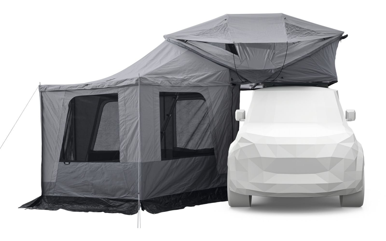 Weißes Fahrzeug mit aufgeklapptem Dachzelt und grauem Seitenzelt, abgestützt durch Stangen