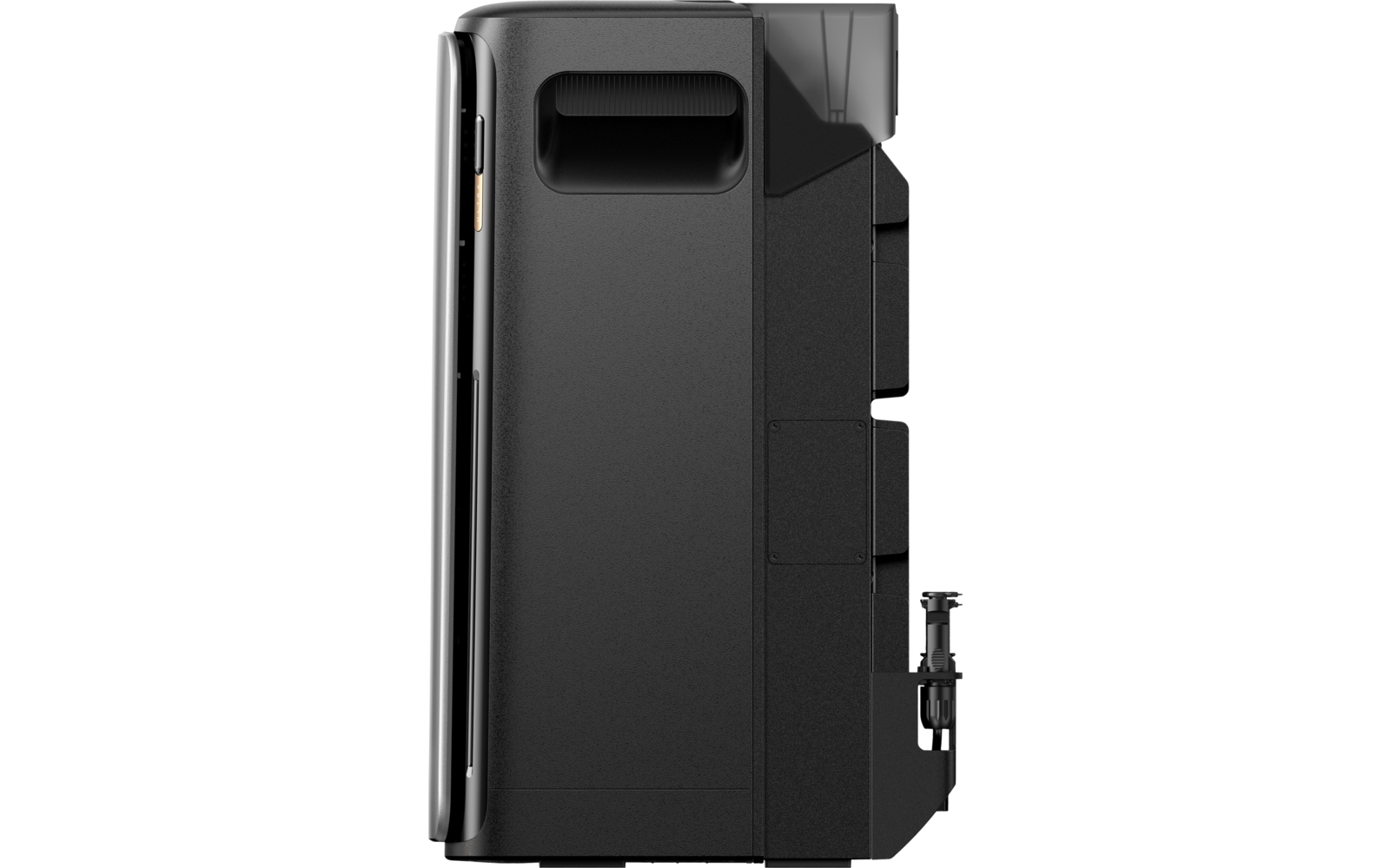 Zwarte moderne koffiemachine van opzij