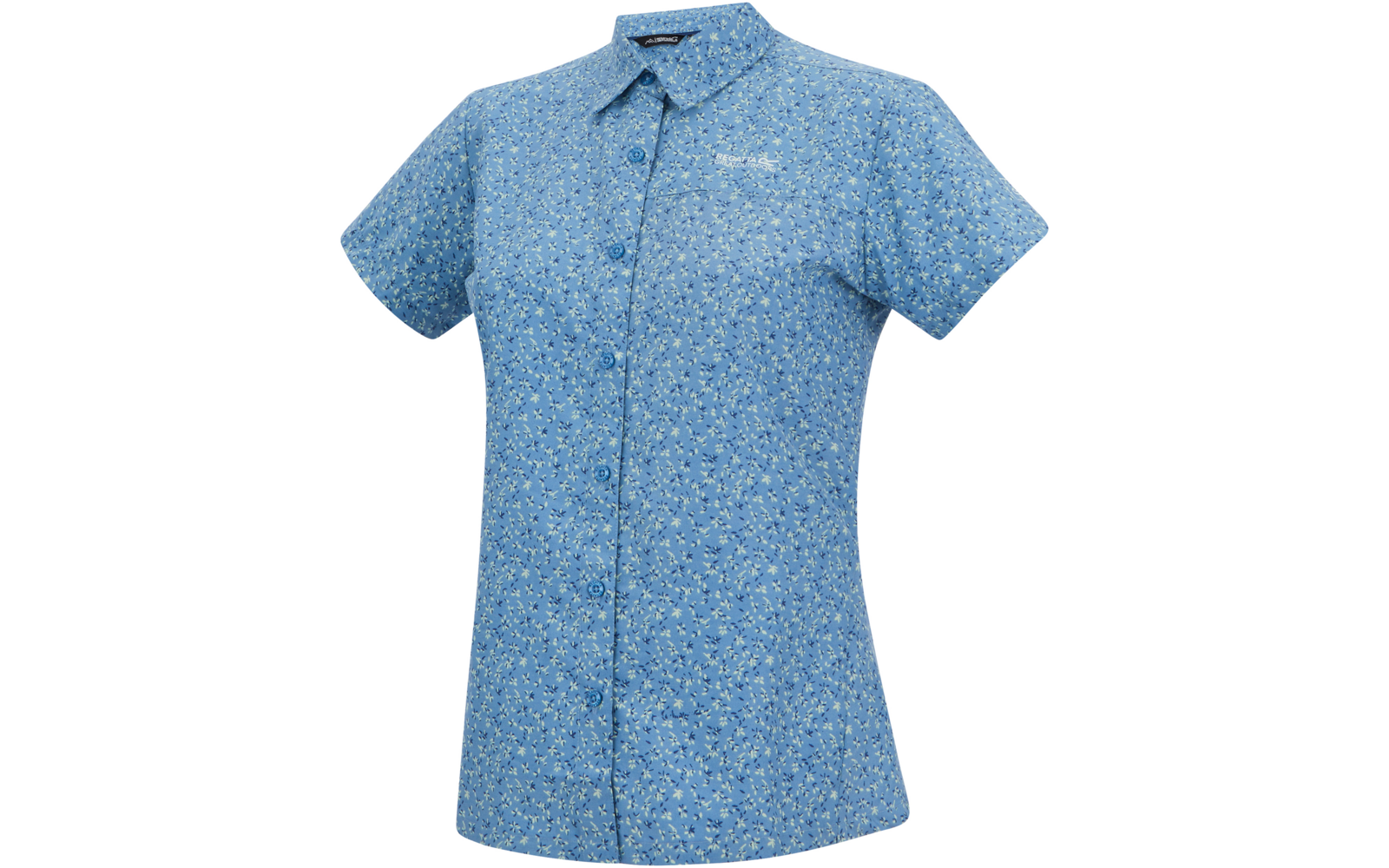 Hellblaues kurzärmeliges, tailliertes Hemd mit durchgehender Knopfleiste, Kragen, kleinem weißen Blumenmuster und kleinem Logo auf der linken Brust