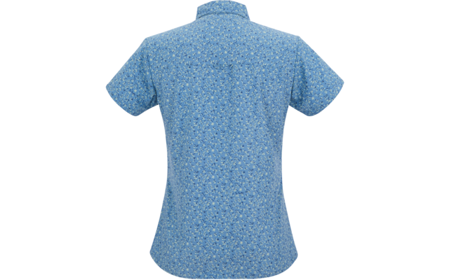 Kurzärmeliges blaues Oberteil mit kleinem Blumenmuster, Rückansicht