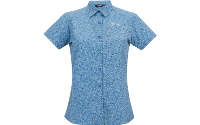 Hellblaues, kurzärmeliges, geknöpftes Oberteil mit Kragen und kleinem weißem Blumenmuster, Vorderansicht