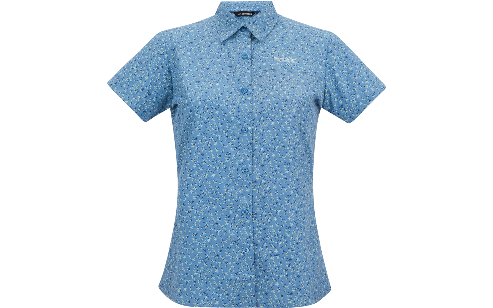 Hellblaues, kurzärmeliges, geknöpftes Oberteil mit Kragen und kleinem weißem Blumenmuster, Vorderansicht