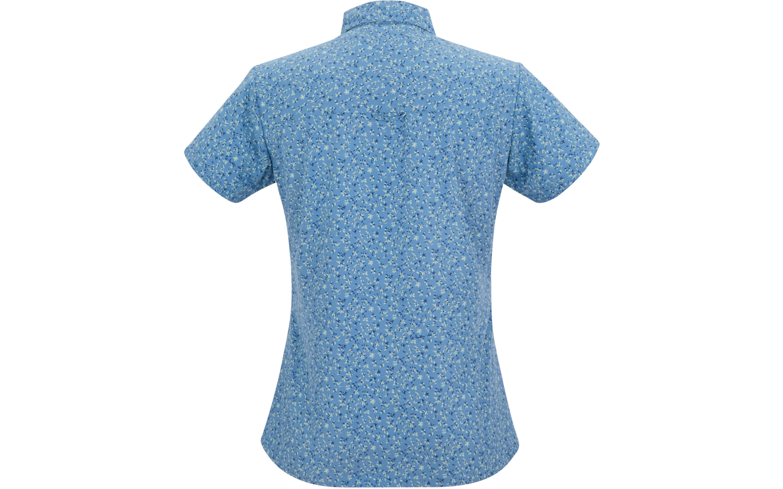 Kurzärmeliges blaues Oberteil mit kleinem Blumenmuster, Rückansicht