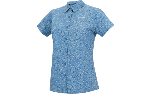 Hellblaues kurzärmeliges, tailliertes Hemd mit durchgehender Knopfleiste, Kragen, kleinem weißen Blumenmuster und kleinem Logo auf der linken Brust