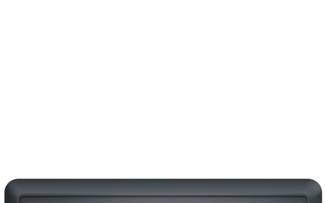 Donker rechthoekig apparaat met vijf verhoogde rechthoekige knoppen, middelste knop rood, witte tekst "Dometic" aan de rechterkant