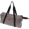 Gray fabric duffel bag with black carrying straps, top zipper, and two black metal rods on one side