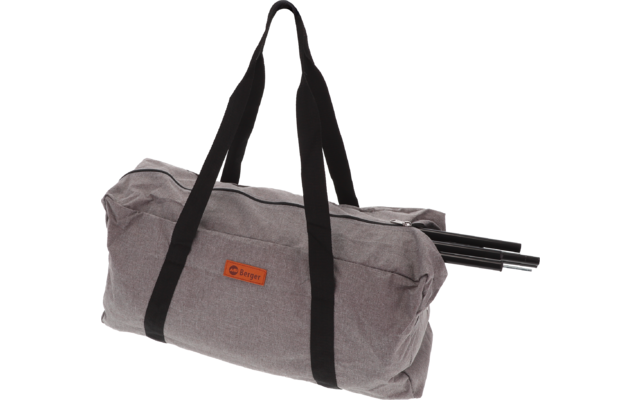 Gray fabric duffel bag with black carrying straps, top zipper, and two black metal rods on one side
