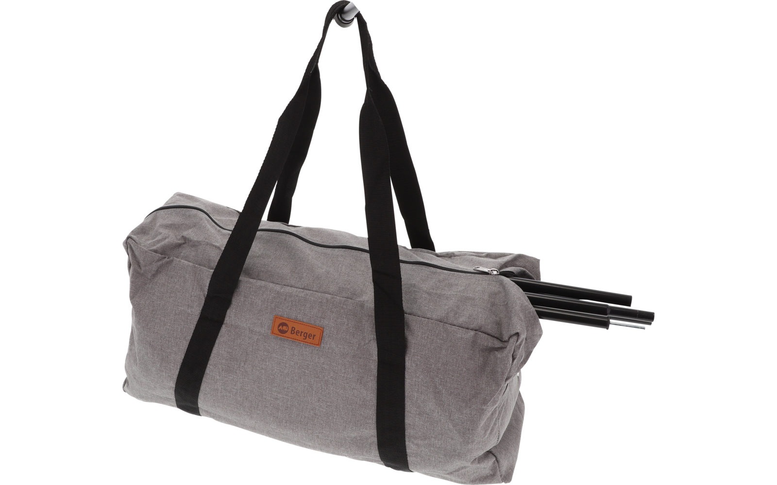 Graue Stofftasche mit zwei schwarzen Trägern, kleinem orangefarbenem rechteckigem Logo vorne und teilweise sichtbaren gefalteten Metallstangen rechts auf weißem Hintergrund