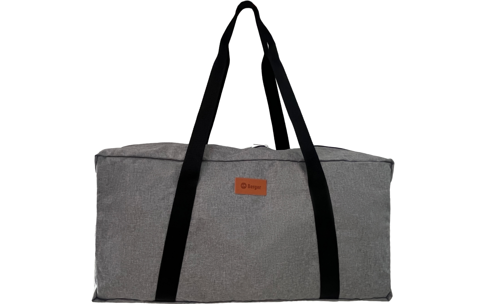 Graue Reisetasche mit schwarzen Tragegriffen und kleinem braunem Logo