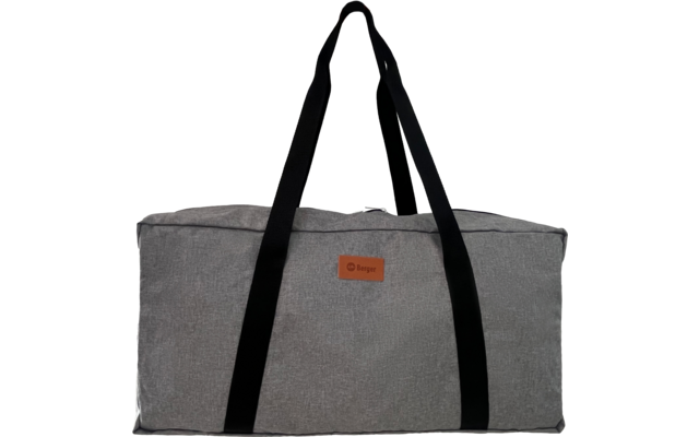 Graue Reisetasche mit schwarzen Tragegriffen und kleinem braunem Logo