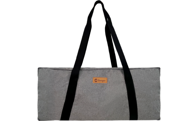 Gray travel bag with black handles and small brown logo