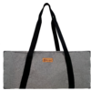 Gray travel bag with black handles and small brown logo