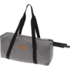 Gray fabric bag with two black straps, small orange rectangular logo on front, and partially visible folded metal poles at right on a white background