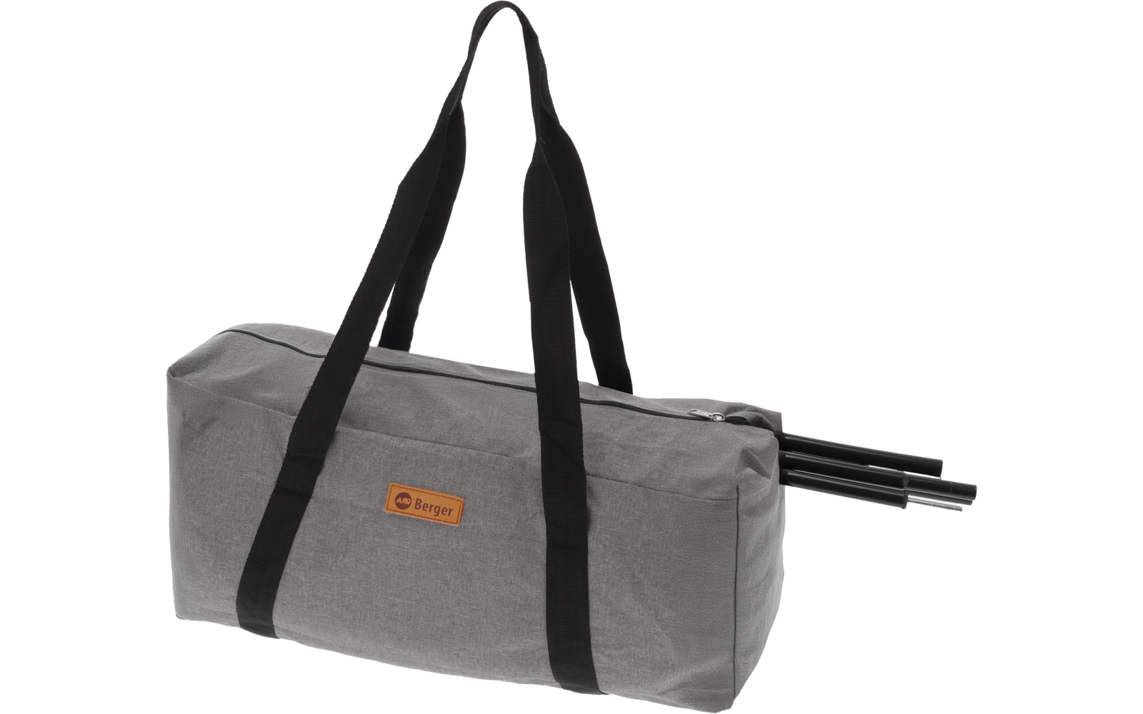 Gray fabric bag with two black straps, small orange rectangular logo on front, and partially visible folded metal poles at right on a white background