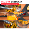Trois gros plans empilés : en haut bocal d'olives vertes avec une fourchette métallique, au centre verre de jus d'orange avec une tranche d'orange et une fourchette métallique, en bas bocal de cornichons avec une fourchette métallique. En haut, inscription rouge 'VIELSEITIG EINSETZBAR'