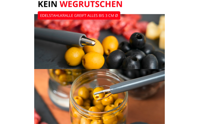 Outil métallique à deux branches tient une olive jaune au-dessus d'un bocal d'olives jaunes; olives noires et dés de poivron rouge en arrière-plan; en haut texte KEIN WEGRUTSCHEN et bandeau rouge EDELSTAHLKRALLE GREIFT ALLES BIS 3 CM Ø