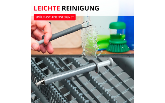 Main tenant une tige de nettoyage grise sous l'eau courante; tête de brosse verte et plan de travail en arrière-plan; en bas la même tige grise dans le panier d'un lave-vaisselle; en haut le texte 'LEICHTE REINIGUNG' et l'étiquette rouge 'SPÜLMASCHINENGEEIGNET'