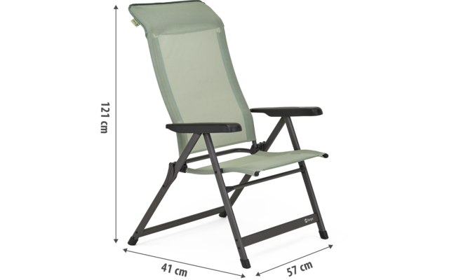 Chaise pliante avec tissu vert et cadre noir, dimensions 121 cm de haut, 61 cm de large, 57 cm de profondeur
