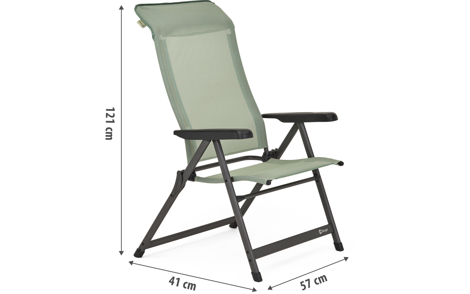 Chaise pliante avec tissu vert et cadre noir, dimensions 121 cm de haut, 61 cm de large, 57 cm de profondeur