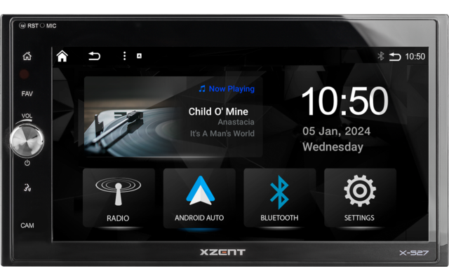 Schwarzes rechteckiges Touchscreen-Display mit Benutzeroberfläche, Now-Playing-Bereich zeigt 'Child O' Mine', 'Anastacia', 'It's A Man's World', Uhrzeit '10:50', Datum '05 Jan, 2024 Wednesday', Symbole 'Radio', 'Android Auto', 'Bluetooth', 'Settings'
