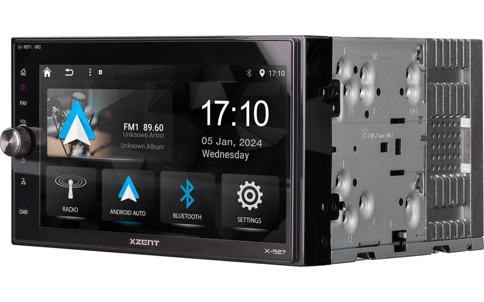 Schwarzes Doppel-DIN-Autoradio mit Touchscreen, Markenname 'XZENT', Anzeige Uhr 17:10, Datum 05 Jan 2024, FM 89.60, Symbole Radio, Android Auto, Bluetooth, Einstellungen; metallischer Einbaurahmen rechts sichtbar