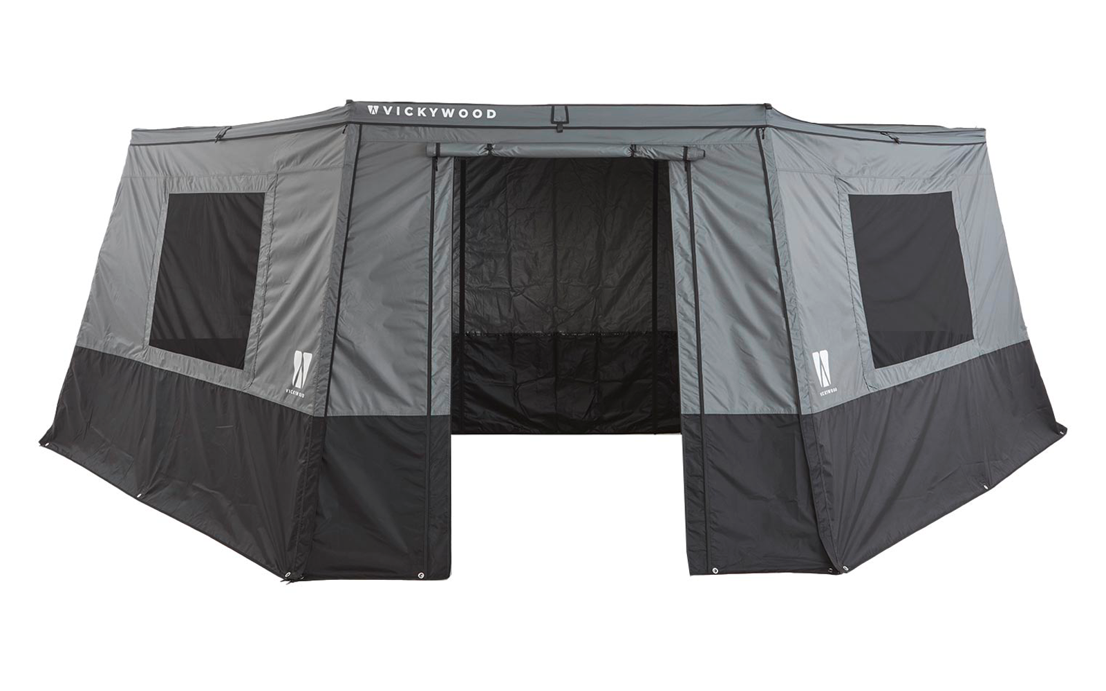 Große graue Stoffstruktur mit offenem mittigem Eingang und Netz, je ein quadratisches Fenster links und rechts, schwarzer unterer Rand, Schriftzug 'VICKYWOOD' oben